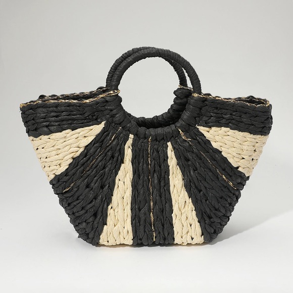 Oversized Black & Tan Mix Tone Maxi Straw Basket Tote - Picture 4 of 8